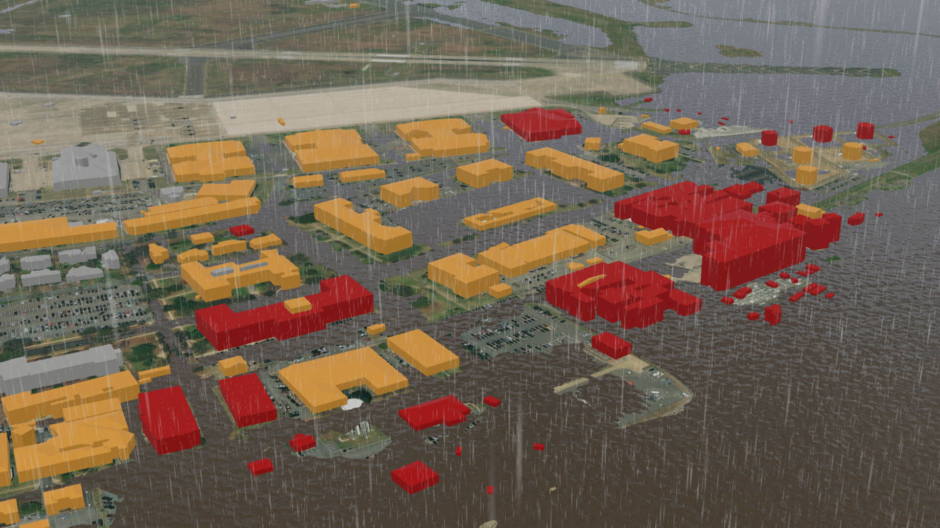 3D GIS software models storm impacts on a cluster of buildings