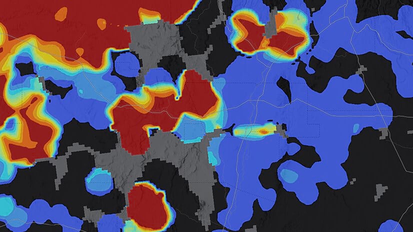 A map showing varying threat levels in shades of blue and red