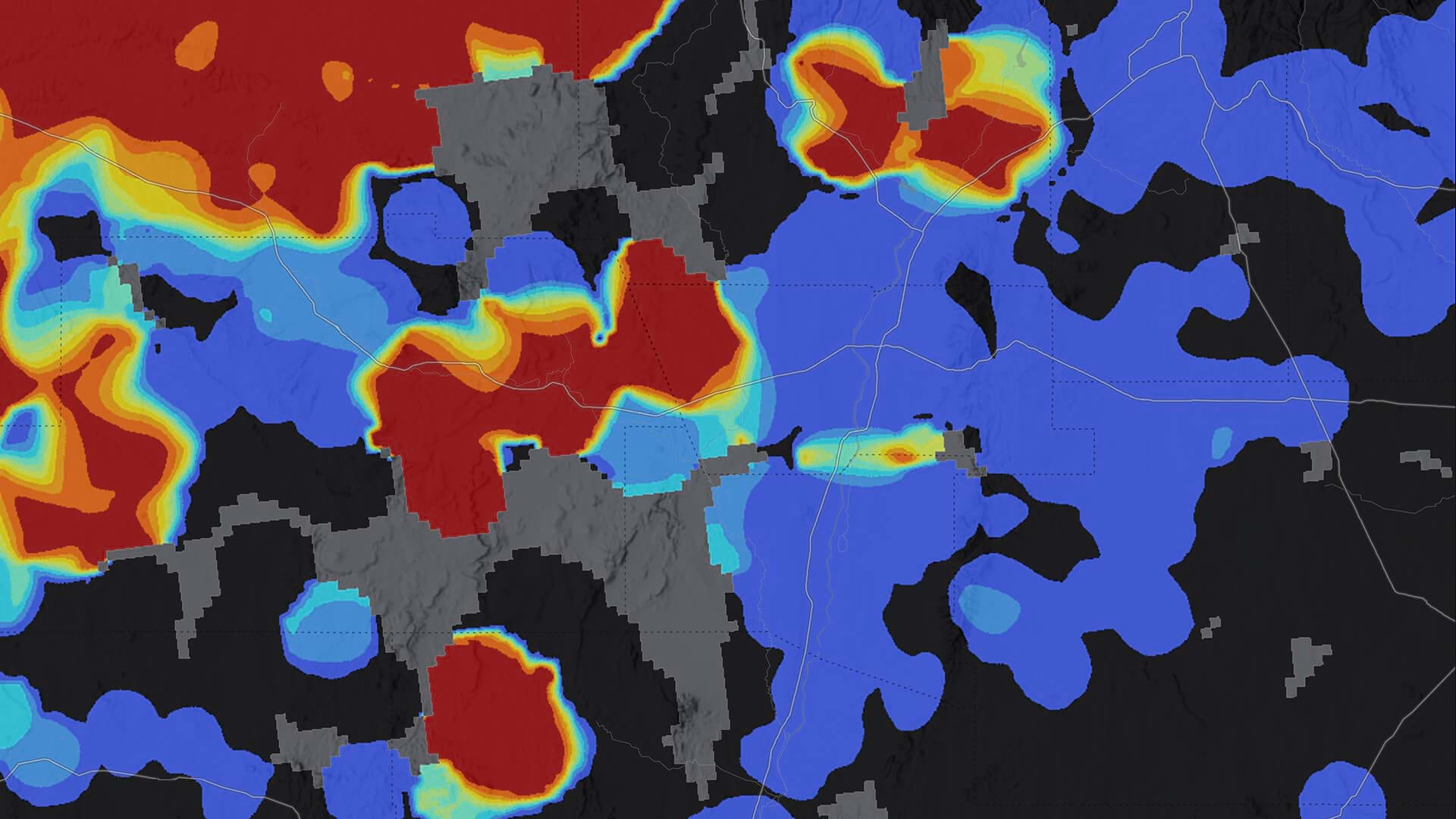 Shades of blue and red denote threat levels on a map