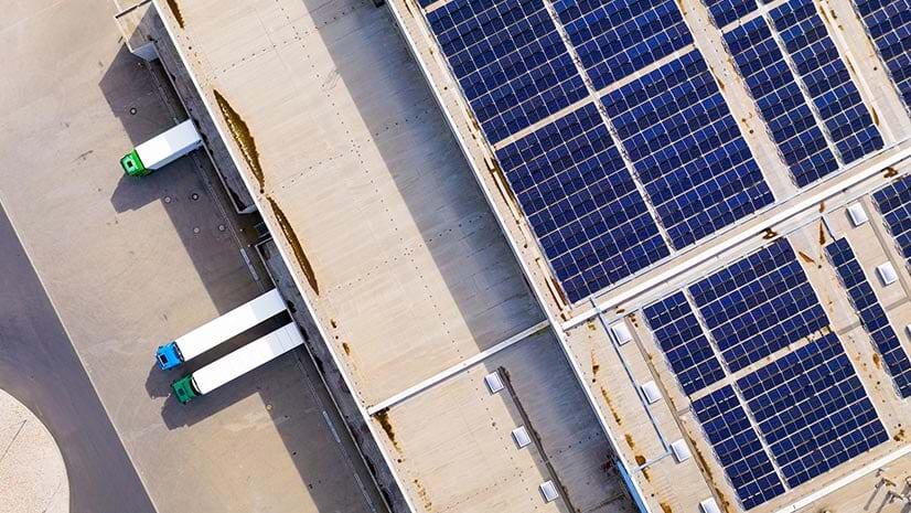 Panels on a warehouse capture the solar potential of a rooftop