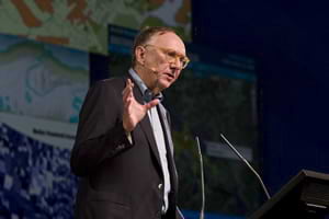 Photo of Jack Dangermond speaking at the 2009 Esri User Conference