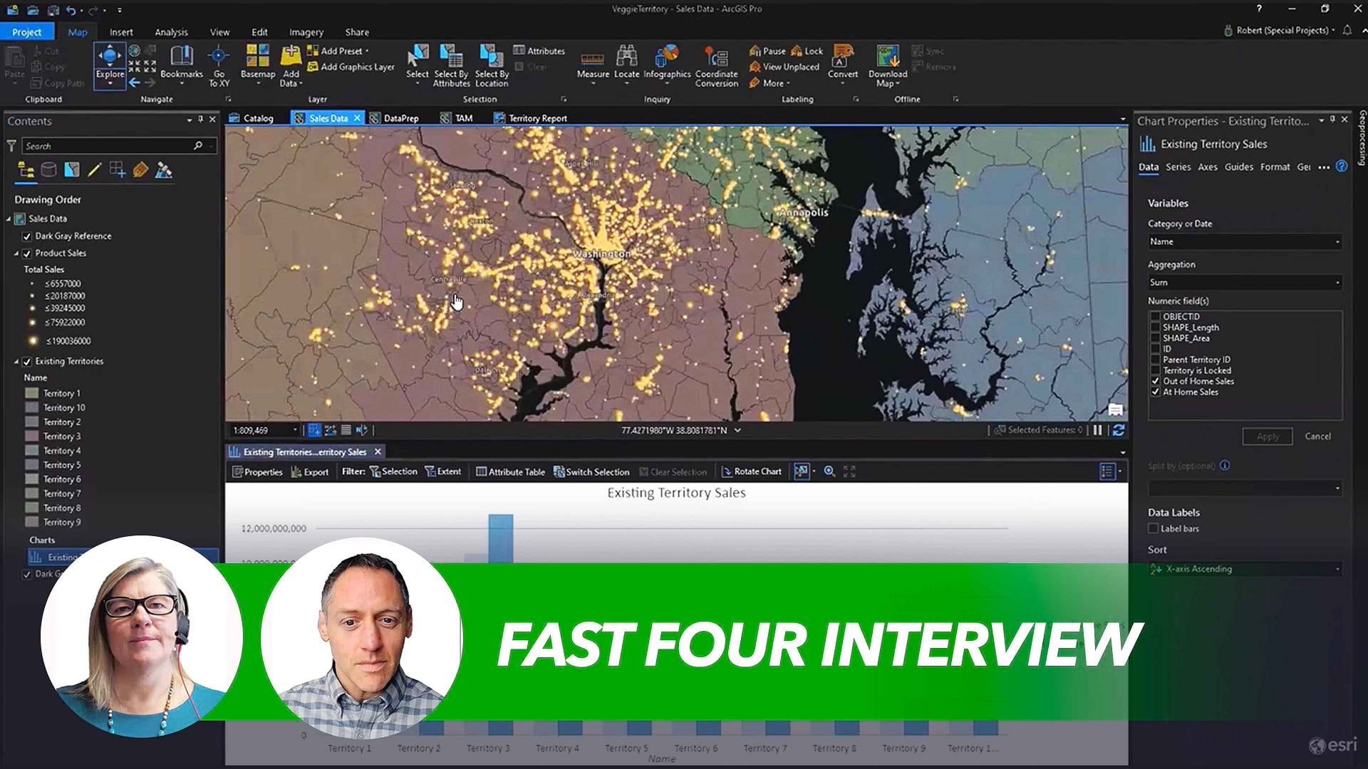 A map-based dashboard showing hypothetical sales territories for a manufacturing company