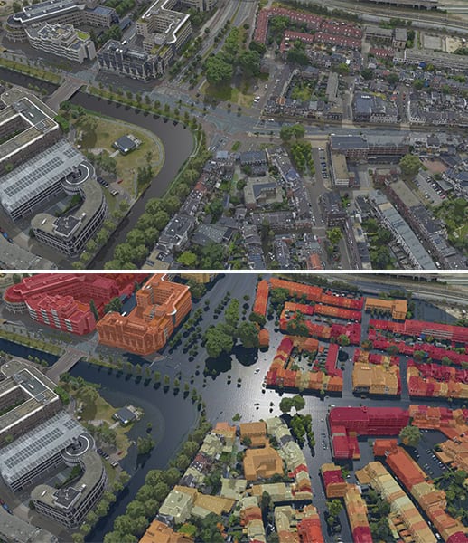 A 3D mesh scene that shows a canal in Utrecht as normal on top of a 3D mesh scene that shows a flooding scenario for that same canal