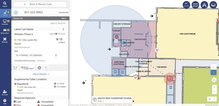 A solution interface that shows the details of a 9-1-1 call on the left plus a detailed indoor map of a school on the right