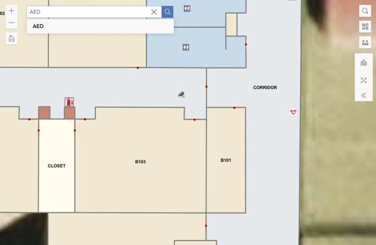 A detailed indoor map of a school that shows classrooms, bathrooms, and closets along with the locations of things like fire extinguishers and security cameras A detailed indoor map of a school that shows classrooms, bathrooms, and closets along with the locations of things like fire extinguishers and security cameras