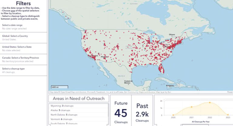 A map of the United States with red dots all over it, plus numbers and charts below the map