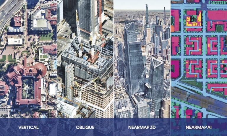 Three aerial images of a city and one aerial map