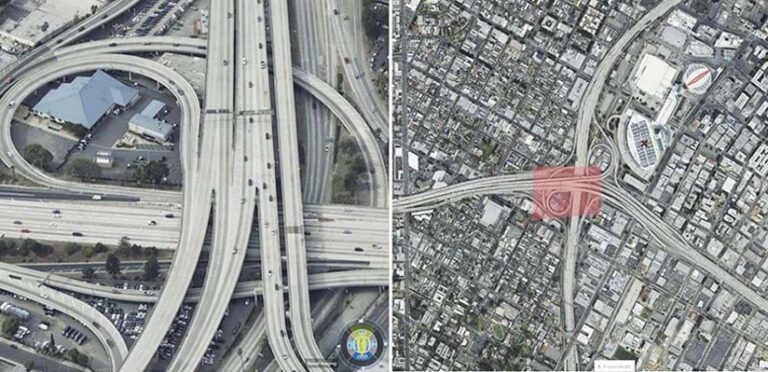 An aerial image of a freeway next to an aerial map that highlights that area of the freeway