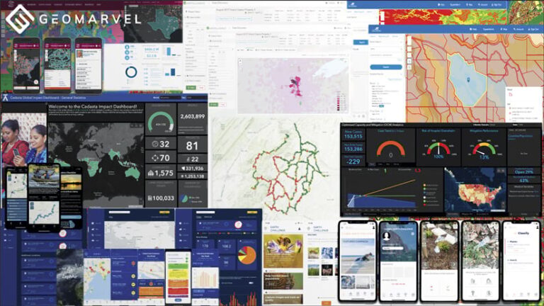 A bunch of maps, charts, dashboards, smartphone screens, and images in a collage