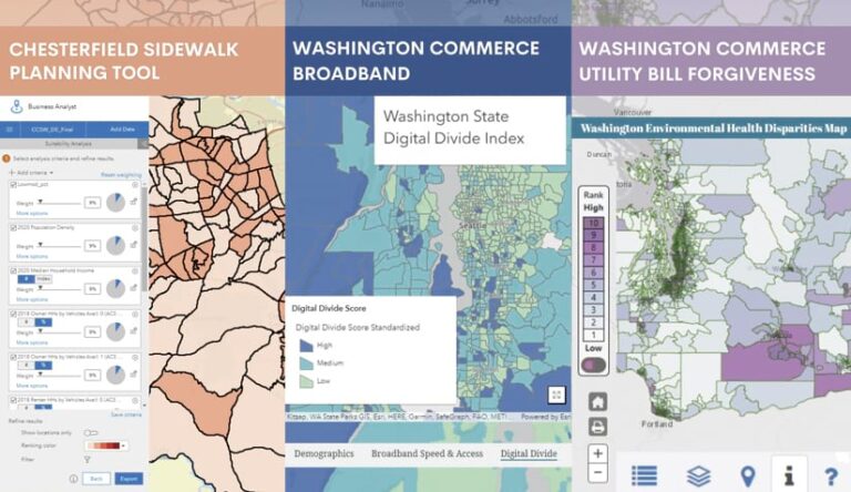 Three different maps of Washington state that show sidewalk planning, broadband, and utility bill forgiveness