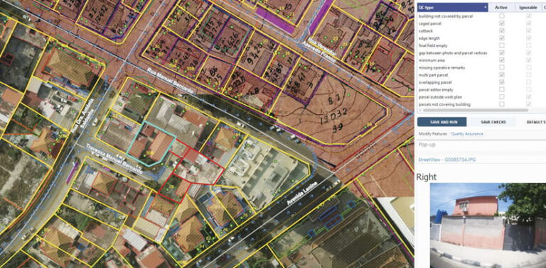 An aerial image with parcels outlined in different colors alongside a legend
