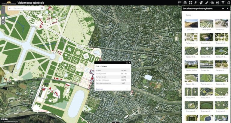 An aerial map and imagery of the Versailles estate with points of interest on the right that users can select