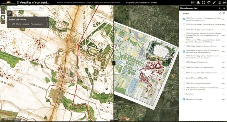 A swipe map of Versailles showing a historical map of the estate contrasted with a modern map