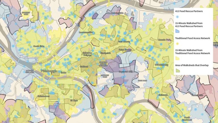 A map of Philadelphia that shows Food Rescue partners and traditional food distribution centers along with walkshed analyses for each