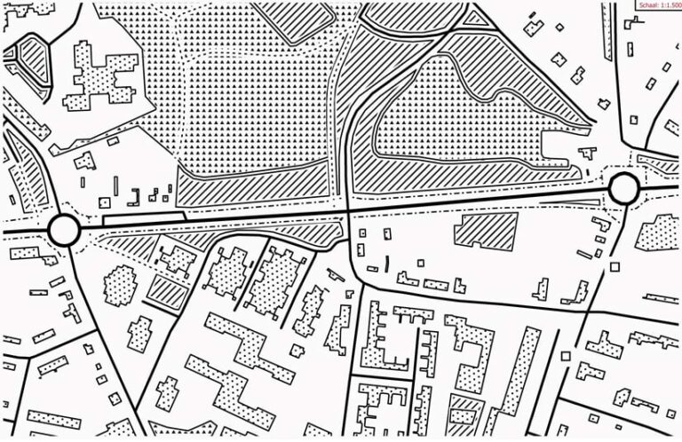 A tactile map with a Braille title that shows various roads, buildings, and vegetation types