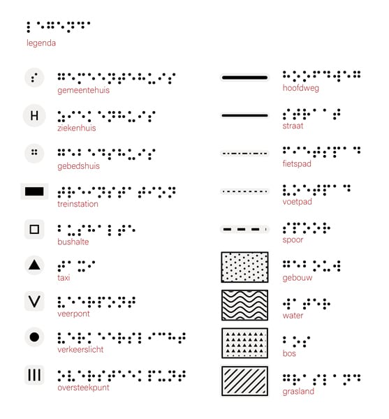 A map legend showing symbols for locations and features, such as orientation points and water, alongside Braille descriptors of the symbols