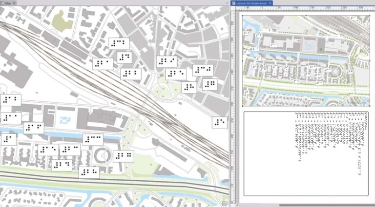 A map being built in the ArcGIS Pro interface, showing Braille labels on the map, as well as the layout of the map with its legend on a separate page