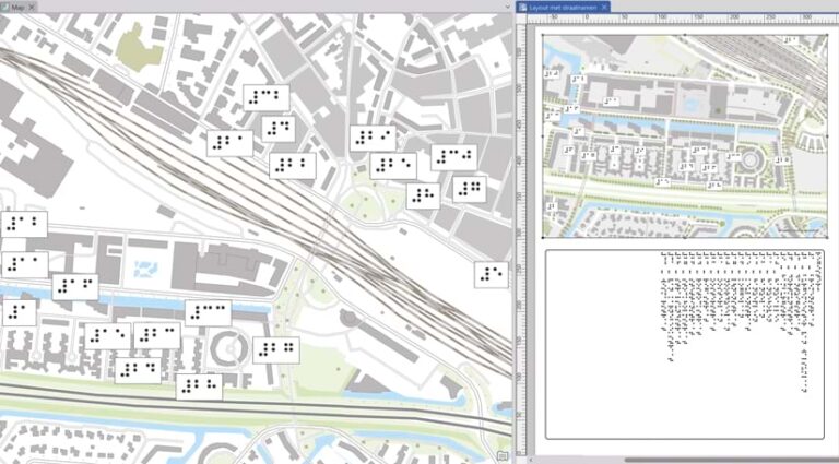 نقشهای که در رابط ArcGIS Pro ساخته میشود و برچسبهای بریل را روی نقشه نشان میدهد و همچنین طرح نقشه را با افسانه آن در یک صفحه جداگانه نشان میدهد. نقشهای که در رابط ArcGIS Pro ساخته میشود و برچسبهای بریل را روی نقشه نشان میدهد و همچنین طرح نقشه را با افسانه آن در یک صفحه جداگانه نشان میدهد.