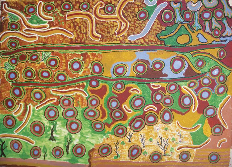 A colorful painting showing differently color concentric circles with lines that look like roads going near them and patches of green and yellow space around them