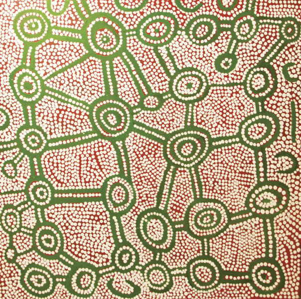 Green, white, and red concentric circles connected to one another by green, white, and red paths, with the space in between filled with white dots