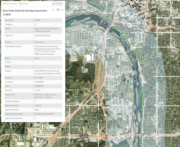 A map of the Arkansas River in Tulsa that has stars where damage occurred and information on the damage assessment in a large pop-up on the left