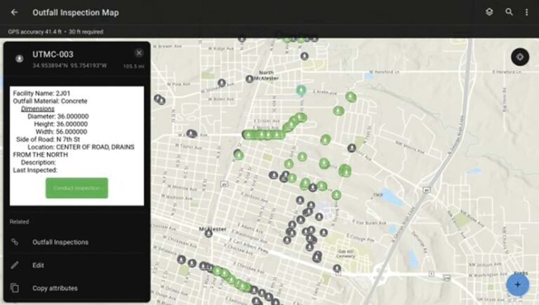 An outfall inspection map for the City of McAlester that pinpoints specific facilities with green and dark grey dots and shows information about one facility to the left of the map