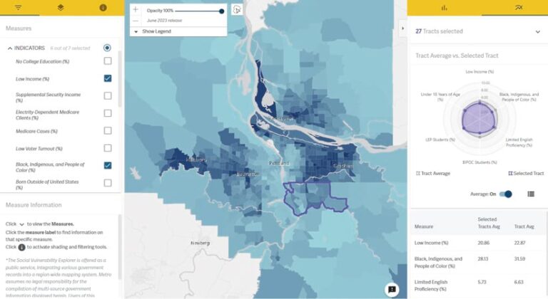 A map of the Portland, Oregon, area that’s different shades of blue, with one area encircled in purple and stats about that area on the sides of the map