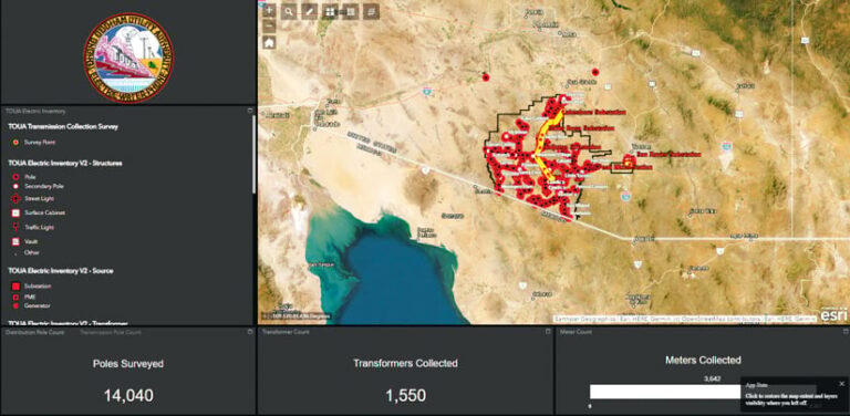 A screenshot of a map showing poles surveyed, transformers collected, and meters collected. A screenshot of a map showing poles surveyed, transformers collected, and meters collected.