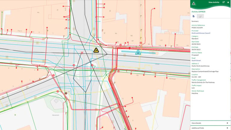 A screenshot of a map showing a six-way intersection.