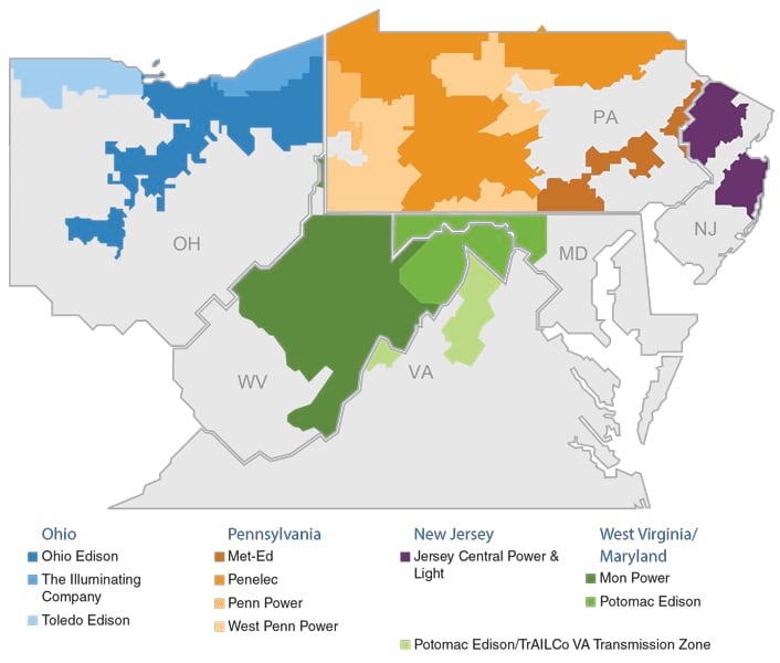 A map showing the states of Ohio, Pennsylvania, New Jersey, West Virginia, Virginia, and Maryland, with colored sections in each state. A map showing the states of Ohio, Pennsylvania, New Jersey, West Virginia, Virginia, and Maryland, with colored sections in each state.