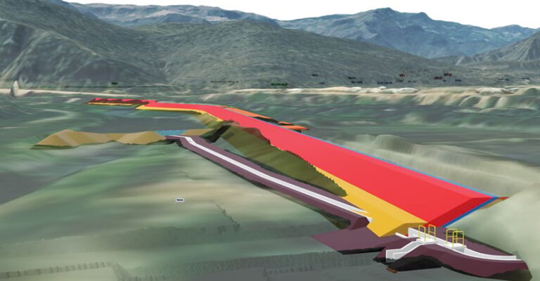 A dam, shown in red and orange, intersecting with a proposed intake duct, shown in white and brown A dam, shown in red and orange, intersecting with a proposed intake duct, shown in white and brown