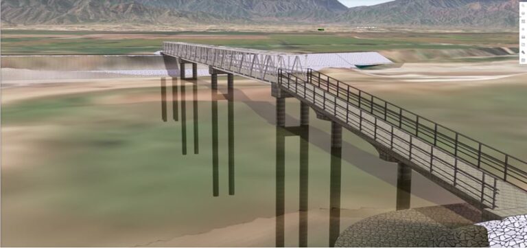 A 3D model of a bridge extending over a riverbed