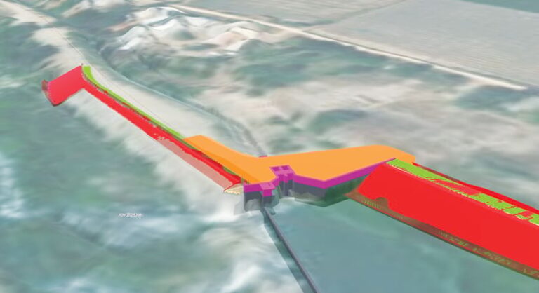 A 3D model of an intake—shown in red, orange, green, and purple—in a riverbed