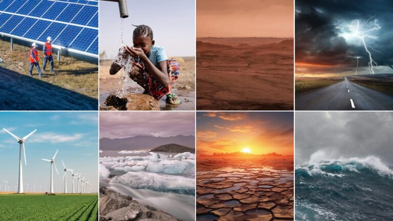 A collage of eight images related to alternative energy, natural resources, and a wide range of ecosystems.