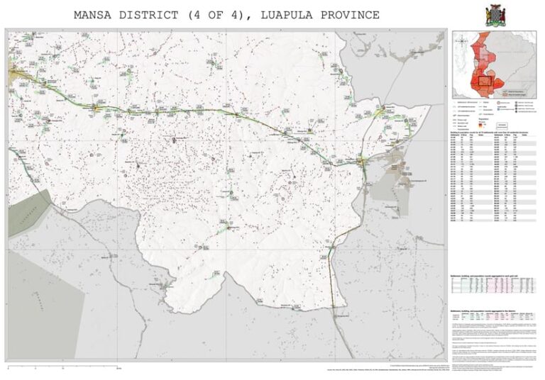 A map of a district in Zambia showing roads, landmarks, and points of interest