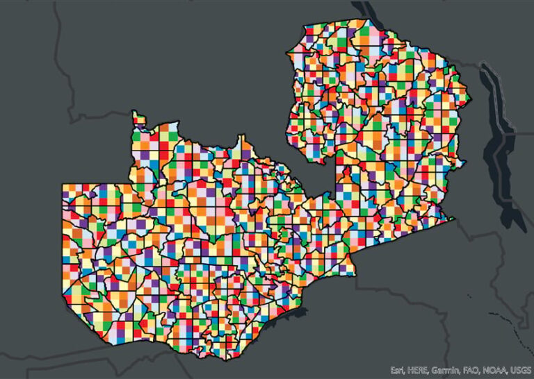 A map of Zambia that shows the district boundaries outlined in black and the nested grids within them in various colors