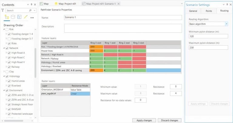 A screenshot shows a feature layers grid for flooding risk, power lines, railways, and more.