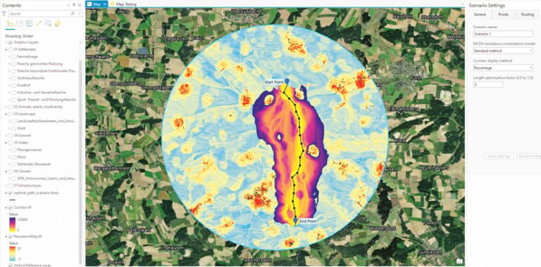 A screenshot of a map showing many town locations and names. A large blue-tinted circle in the middle of the map shows many areas colored as light as yellow ranging from blue to reddish. A dotted line runs vertically through part of the circle.