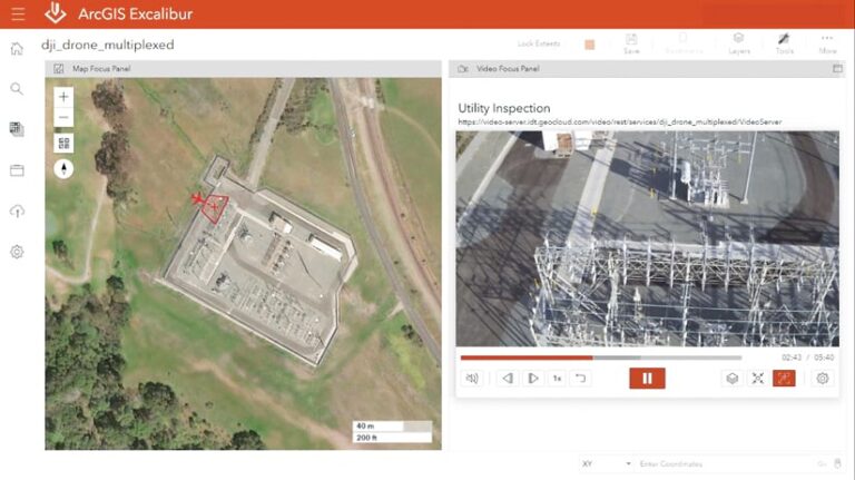 On the left, an aerial image of a building that shows where an aircraft is located when flying over it, and on the right, a video from that aircraft that shows the roof of the facility On the left, an aerial image of a building that shows where an aircraft is located when flying over it, and on the right, a video from that aircraft that shows the roof of the facility