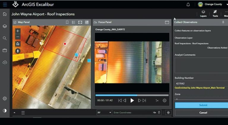 Within the ArcGIS Excalibur interface, on the left, an aerial image of an airport building with a red rectangle and a red dot over one spot, and on the right, a video of the top of the same building Within the ArcGIS Excalibur interface, on the left, an aerial image of an airport building with a red rectangle and a red dot over one spot, and on the right, a video of the top of the same building