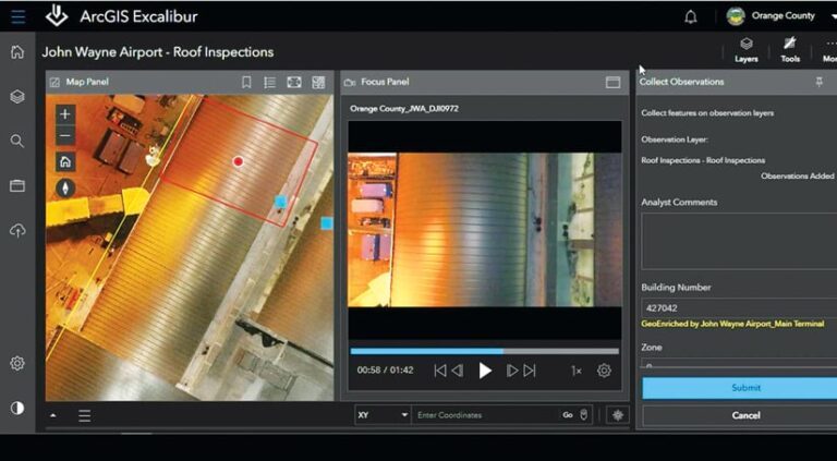 Within the ArcGIS Excalibur interface, on the left, an aerial image of an airport building with a red rectangle and a red dot over one spot, and on the right, a video of the top of the same building
