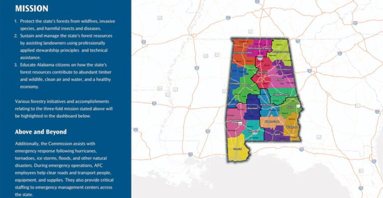 A map of Alabama shows 18 sections of the state, each with a different color. To the left of the map is a blue text box listing the state’s forestry missions, initiatives, accomplishments, and actions.