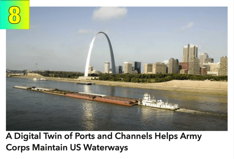 Barge floating down the Mississippi River with St. Louis skyline in the background