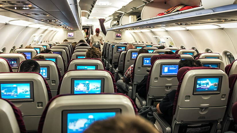 Business travel is on the rise, as exemplified by this airplane interior