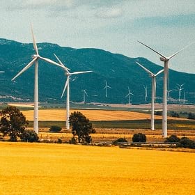 Wind turbines tower above a field