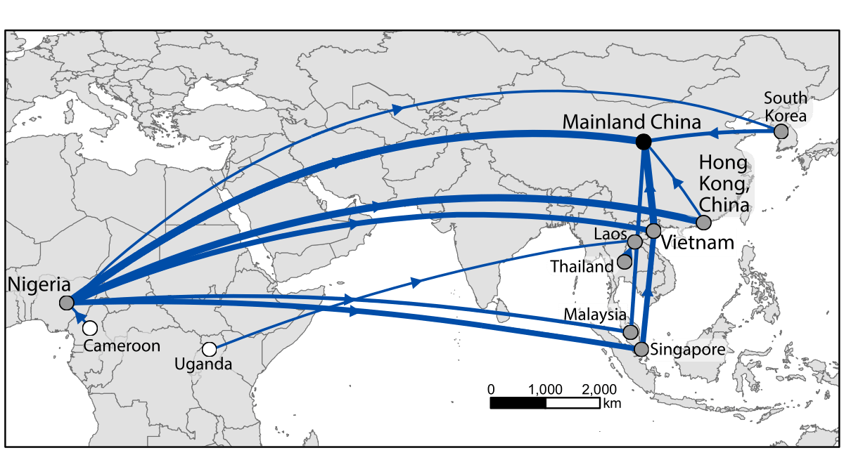 A map of the major trafficking routes for African pangolin