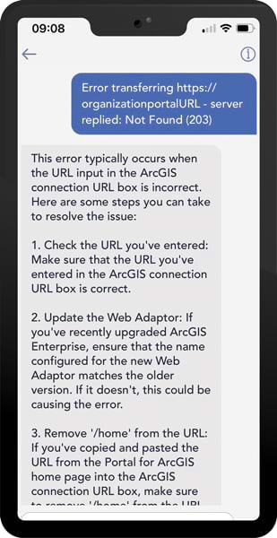 A smartphone showing a chat onscreen, with the user saying “Error transferring https://organizationportalURL – server replied: Not Found (203),” and the chatbot responding by telling the user what the error usually indicates and how to resolve the issue