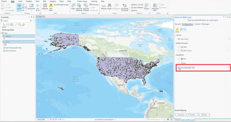 A screenshot shows a map centered on North America, with the United States shaded and nearly covered with black dots.