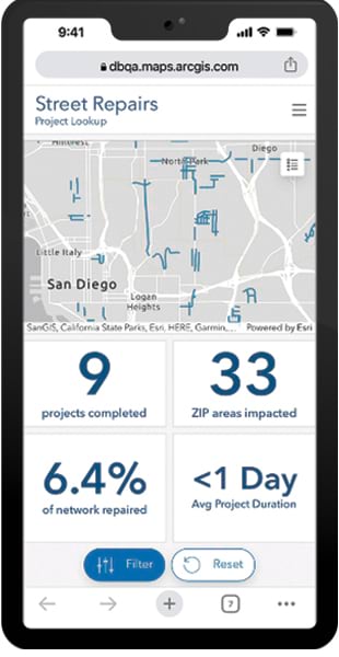 A mobile phone app shows a map entitled “Street Repairs,” with related data points shown below the map.