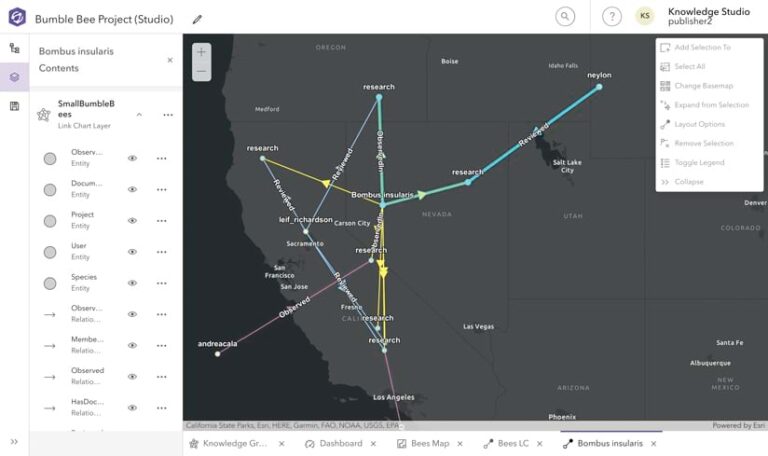 With the words “Bumble Bee Project” in the upper-left-hand corner, a screenshot shows a map of the central and western United States, with lines and arrows of various colors extending eastward from California.